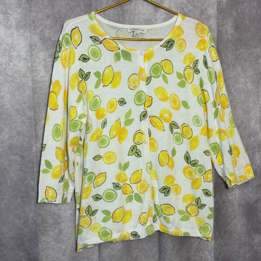 Coldwater Creek Lemon Print Cardigan Womens Large White Yellow Summer Fruit